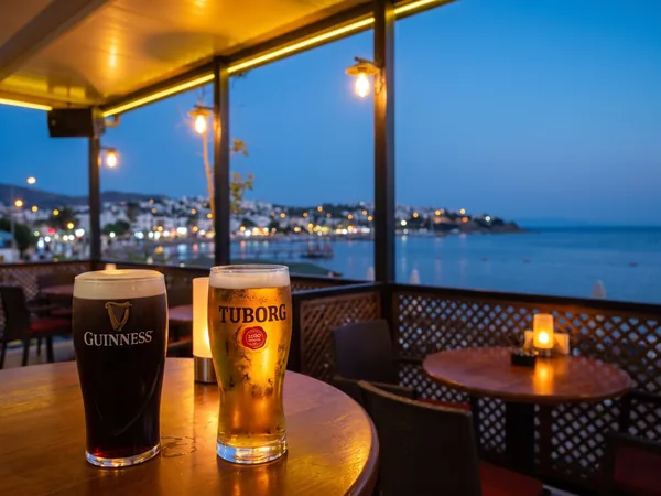 Illustration of two pints on a terrace table with the bay behind