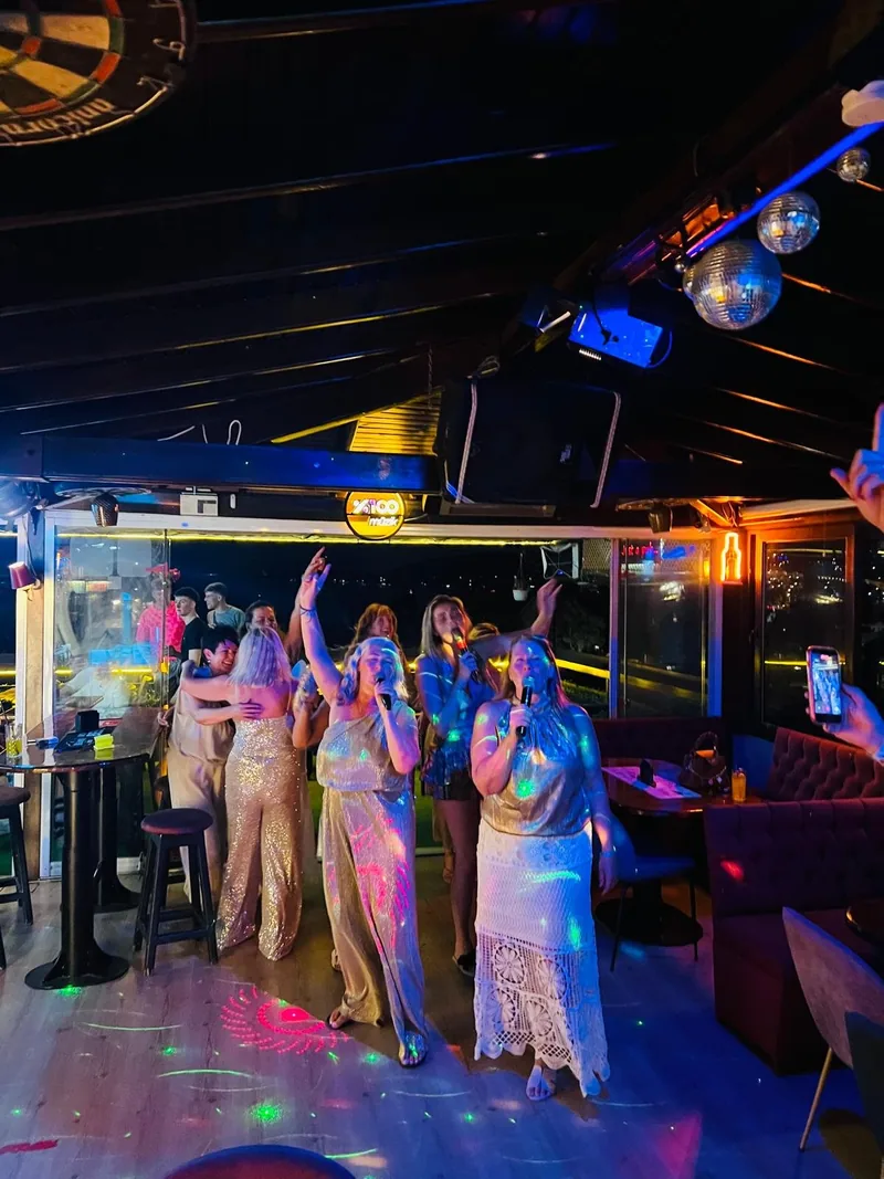 Guests singing along on the mics under the disco balls