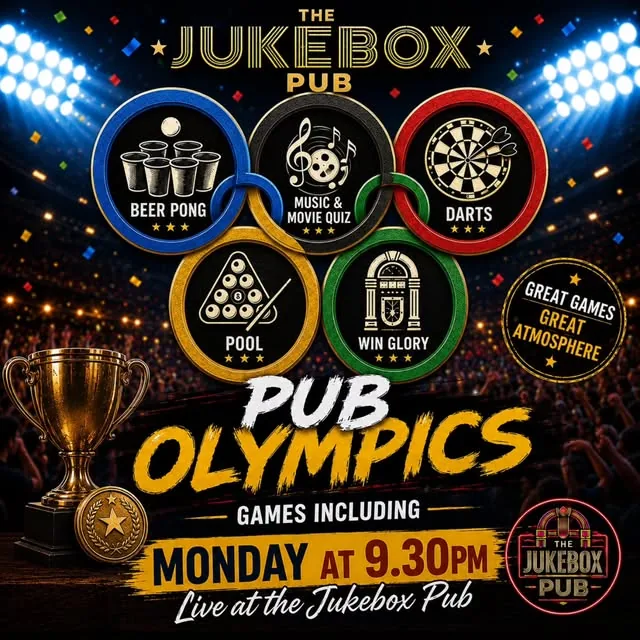The Pub Olympics poster: beer pong, music and movie quiz, darts and pool, Monday at 21:30