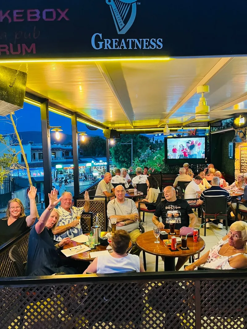 The terrace at dusk under the canopy, tables full and the screens on